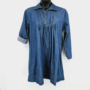 La Fille Du Couturier Denim Dress 14 Blue Button Popover Long Roll Tab Sleeves